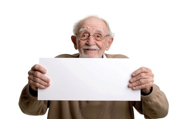 smiling old man holding a large white blank card with space for text, graphic or text isolated on white background