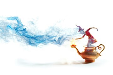 Magic genie getting out from the lamp Isolated on white background - obrazy, fototapety, plakaty