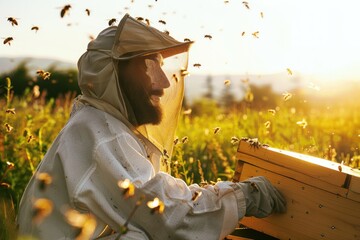 Man beekeeper, wearing protective suit, looking happy, sun lit meadow with flying bees around - obrazy, fototapety, plakaty