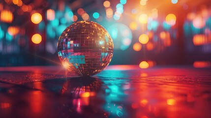 Disco ball in a club with hyper-realistic reflections and bokeh light spots, energizing the dance floor