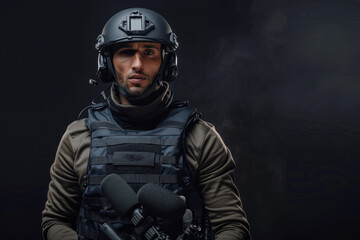 male journalist in a bulletproof vest and helmet - obrazy, fototapety, plakaty