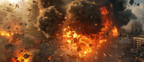 Enormous fireball explosion, with dense black smoke plumes, in a hyper-realistic urban setting - obrazy, fototapety, plakaty