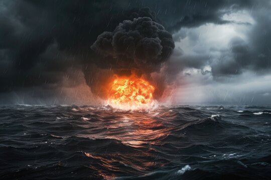 Detailed, hyper-realistic image of a fireball explosion at sea, black smoke rising into the stormy sky