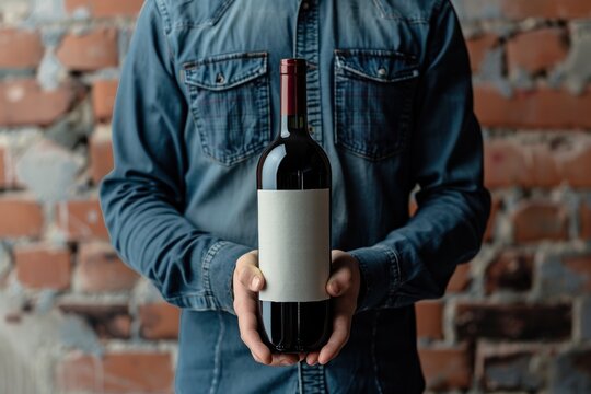 Man holding a bottle of wine with a label mockup