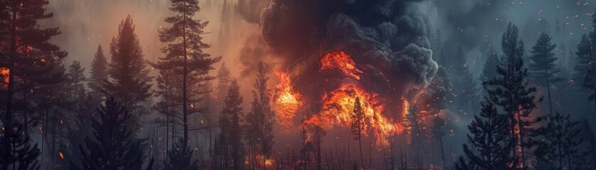 Hyper-realistic scene of a forest with a large fireball and black smoke, showcasing nature's fury - obrazy, fototapety, plakaty