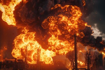 Large fireball explosion at an oil refinery, with hyper-realistic black smoke and intense flames