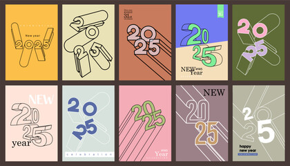 Set of Happy new year 2025 with pastel number on art wall concept. Happy new year 2025 modern art banner template. Vector celebration and season backgrounds, branding, cover, or social media template.