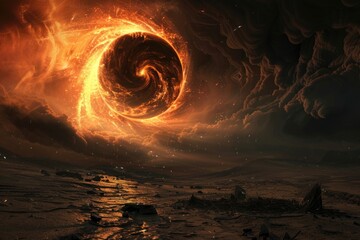 Realistic depiction of a giant fireball with swirling black smoke over a desolate landscape