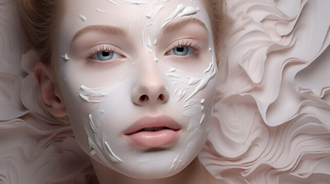 Beautiful cute face of a girl as a face care relama or an art object, strokes of white cream are applied to light skin, a delicate light background in the form of fabric or bizet