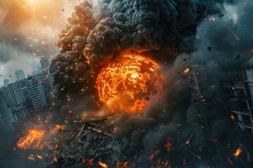 Realistic fireball with swirling black smoke above a collapsed building, highlighting disaster's aftermath - obrazy, fototapety, plakaty