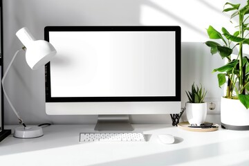 Fototapeta premium Minimalist office background computer display mockup