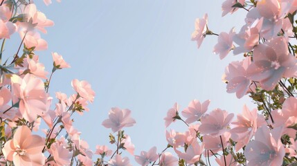 Gazing up through a canopy of delicate pink blossoms basking in the sunlight, against a clear blue sky.
