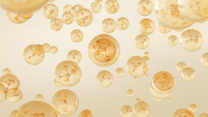 Cosmetics Serum bubbles on a defocused background. Collagen bubble design. A molecule inside a liquid bubble. Essence Ball Molecules. 3D rendering