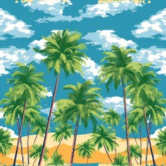 Palm trees and clouds over golden sand in a repeating pattern...