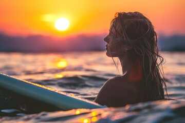 portrait of surfer girl holding her board in the sea at sunset