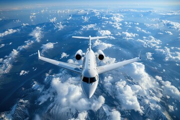 Private jet flying over the earth. Empty blue sky with white clouds at background. Business Travel Concept. Horizontal