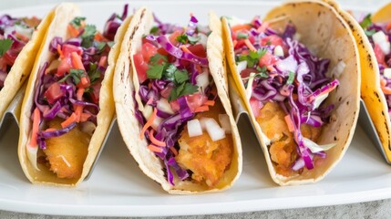 Crisp-fried fish tacos, brimming with vibrant purple cabbage slaw and fresh pico de gallo, create a symphony of textures and colors on a white plate.