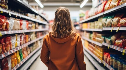 Female shopper browsing groceries in busy supermarket