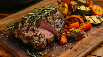 Roasted beef tenderloin meat grilled, with roast vegetables on a dark background close up. - obrazy, fototapety, plakaty