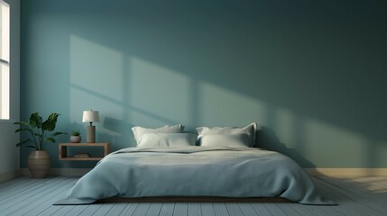 Empty green color wall background for painting poster frame mockup,Modern home interior bedroom background,3D render