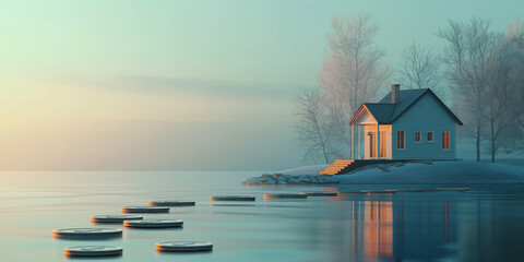 A house is on a lake with a path of coins leading to it - obrazy, fototapety, plakaty