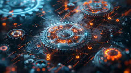 A close up of a machine with gears and a large orange circle