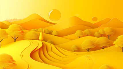 Fototapeta na wymiar Abstract yellow landscape with sun and plants.