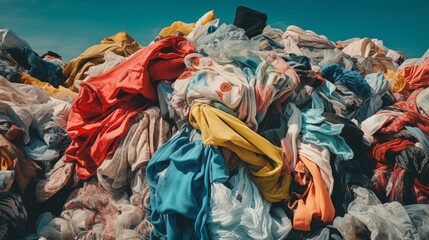 Used clothes trash impact of Fast Fashion Discarded Clothes as a Symbol of Textile Waste and Pollution - obrazy, fototapety, plakaty