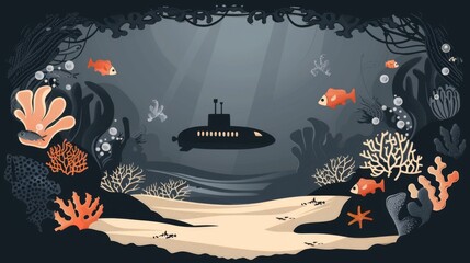 Illustration of a tranquil underwater seascape with a subtle submarine silhouette among colorful aquatic life, casting shadows in the sunlight.
