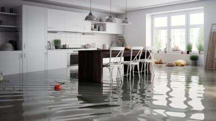 Kitchen floor flooded due to water leak causing property damage  - obrazy, fototapety, plakaty