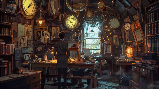 Curious mind in an antique clock workshop