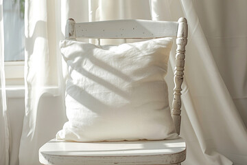 Fototapeta na wymiar Mockup of white square cushion on white wooden vintage dining chair.