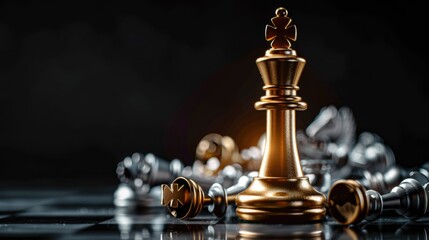 golden chess king standing on a board among fallen chess pieces on a black background