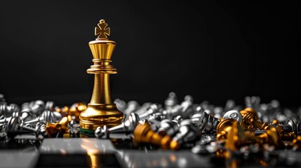 golden chess king standing on a board among fallen chess pieces on a black background
