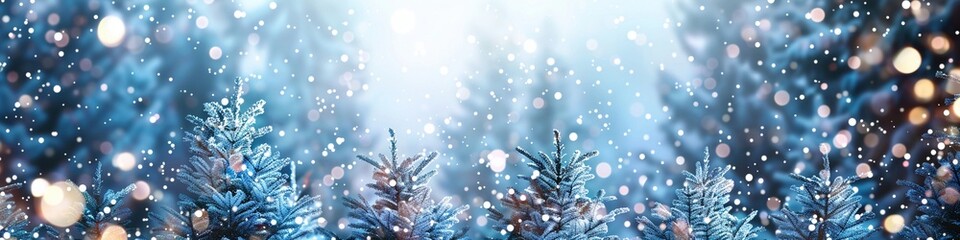 Fototapeta na wymiar Creative Christmas Celebration Background: Snowy Pine Tree Forest with Glittering Lights