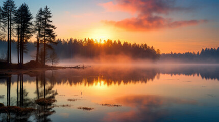 landscape with misty lake at sunrise
