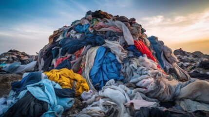 Pile of discarded clothing in landfill highlighting issues of fast fashion and sustainability  - obrazy, fototapety, plakaty