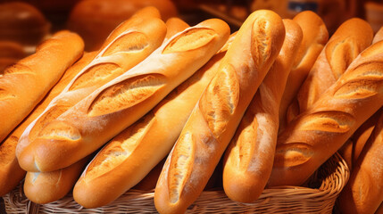 bread baguettes basket in bakery - 776155654