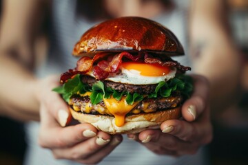 Woman's hands holding a tasty burger with cheese, bacon and egg - obrazy, fototapety, plakaty