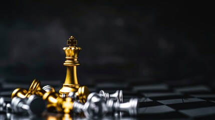 golden chess king standing on a board among fallen chess pieces on a black background
