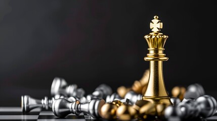 golden chess king standing on a board among fallen chess pieces on a black background - obrazy, fototapety, plakaty