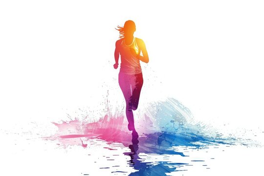Colored silhouette on a white background of a young female runner running facing us. Creative image of an athlete during a competition