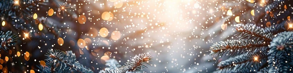 Creative Christmas Celebration Background: Snowy Pine Tree Forest with Glittering Lights - obrazy, fototapety, plakaty