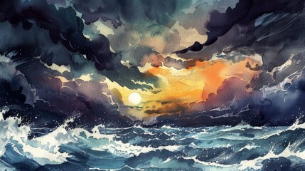 Watercolor panorama of a dramatic sunset over churning ocean waves, where dark clouds part to reveal a fiery sky reflecting off the sea's surface. - obrazy, fototapety, plakaty