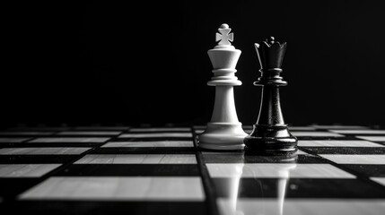 The king of white chess pieces stands next to the queen of black chess pieces on a chess board