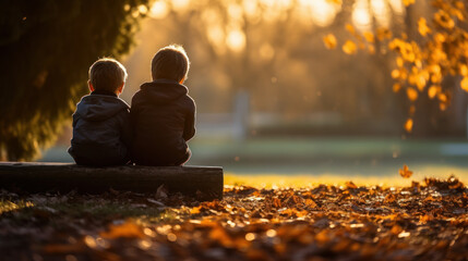 two children sitting in nature in autumn. friendship in childhood - obrazy, fototapety, plakaty