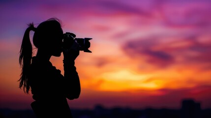 Captivating Silhouette of a Female Photographer Framed Against a Stunning Urban Sunset