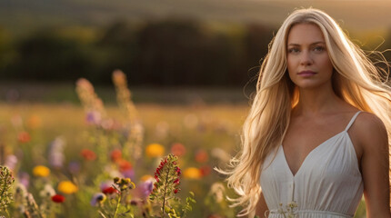 Natural beautiful woman with long flowy hair on the meadow full of wildflowers
