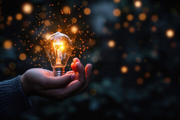 Hand holding glowing light bulb with sparkling light