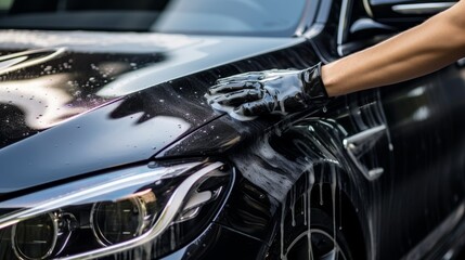 Fototapeta premium Professional car wash A car being cleaned with soapy solutions